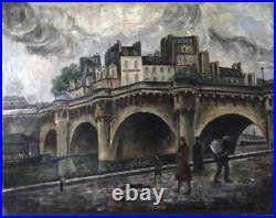 Landscape Scenariy Paris Bridge, Artist Gérard Cochet Antique Oil Canv painting