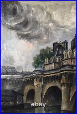 Landscape Scenariy Paris Bridge, Artist Gérard Cochet Antique Oil Canv painting