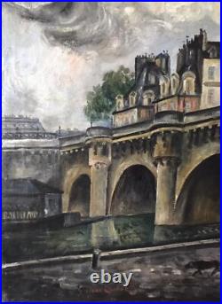 Landscape Scenariy Paris Bridge, Artist Gérard Cochet Antique Oil Canv painting