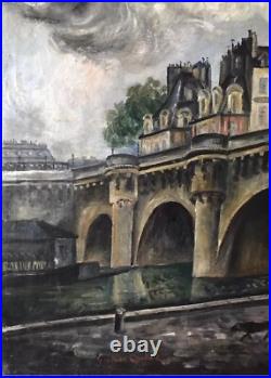 Landscape Scenariy Paris Bridge, Artist Gérard Cochet Antique Oil Canv painting
