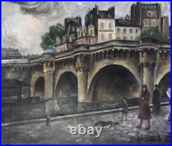 Landscape Scenariy Paris Bridge, Artist Gérard Cochet Antique Oil Canv painting