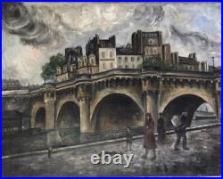 Landscape Scenariy Paris Bridge, Artist Gérard Cochet Antique Oil Canv painting