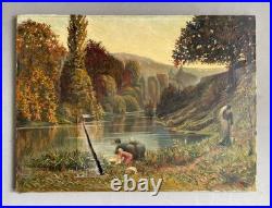 Lavandières en bord de rivière, Huile sur toile signée, Tableau, Fin XIXe
