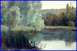 Léon BAROTTE, paysage 1906, étang, arbres, pêcheur, Lorraine, tableau, peinture