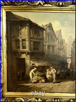 Leonard Saurfelt 1840 / Huile Sur Toile Signée / Place Du Marché / Bien Encadrée