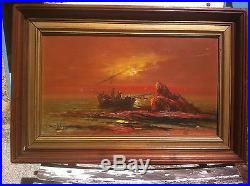 Louis Nattero peintre de Toulon pêcheurs en barque au coucher du soleil XIXe
