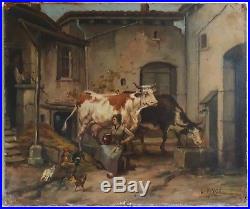 Louis PIVOT (XIXème XXème) tableau huile sur toile scène de ferme bovins poules