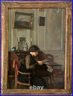 Louis Petit, La lettre femme à la lecture dans un intérieur, huile sur toile