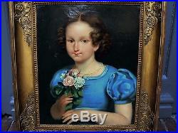 Magnifique peinture 19eme portrait jeune fille aux fleurs époque restauration