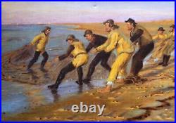 Marin breton Pêcheurs tirant les filets, Huile sur toile, Peinture, Monogramme