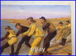 Marin breton Pêcheurs tirant les filets, Huile sur toile, Peinture, Monogramme