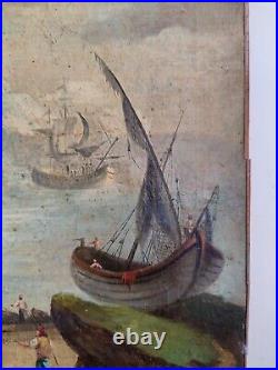 Marine huile sur toile Voiliers hollandais et marins au port non signée