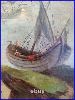 Marine huile sur toile Voiliers hollandais et marins au port non signée