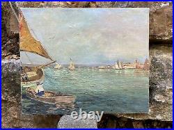 Marine, huile sur toile sur isorel, fin XIXe début XXe, bateaux en Méditerranée