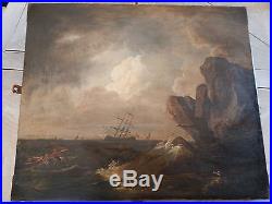 Marine, vaisseau, bateau, marins, naufrage, huile sur toile 19 ème siècle