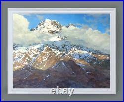 Montagnes. Sommets dans les nuages. Alpes. Peinture à huile sur toile 46/55
