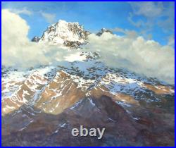 Montagnes. Sommets dans les nuages. Alpes. Peinture à huile sur toile 46/55