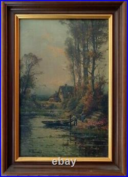 N. Béraud tableau huile sur toile peinture paysage à l'étang lacustre barbizon