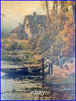 N. Béraud tableau huile sur toile peinture paysage à l'étang lacustre barbizon