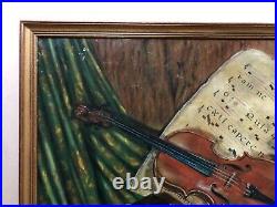 Nature morte au violon, Importante huile sur toile signée, XXe