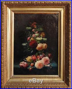 Nature morte huile sur toile au bouquet de fleurs par Arthur Faucheur daté 1895