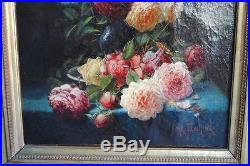 Nature morte huile sur toile au bouquet de fleurs par Arthur Faucheur daté 1895