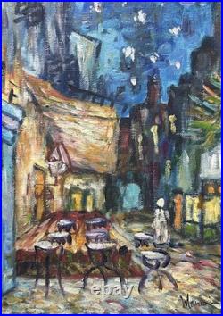 Night Cafe Cityscape Oil Painting on Canvas, Framed, Signed
