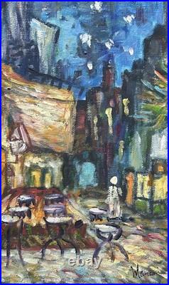 Night Cafe Cityscape Oil Painting on Canvas, Framed, Signed