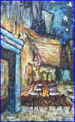 Night Cafe Cityscape Oil Painting on Canvas, Framed, Signed