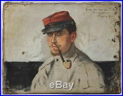 Oil Painting Military Man Pipe Portrait by Jean CHAPERON (XIX-XX)