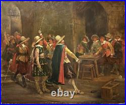 Original Antique Oil Canvas Painting, Scene With Musketeers, 19th Century Original Antique Oil Canvas Painting, Scene With Musketeers, 19th Century