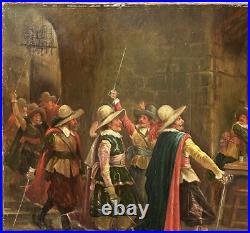 Original Antique Oil Canvas Painting, Scene With Musketeers, 19th Century Original Antique Oil Canvas Painting, Scene With Musketeers, 19th Century