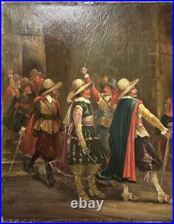 Original Antique Oil Canvas Painting, Scene With Musketeers, 19th Century Original Antique Oil Canvas Painting, Scene With Musketeers, 19th Century