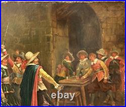 Original Antique Oil Canvas Painting, Scene With Musketeers, 19th Century Original Antique Oil Canvas Painting, Scene With Musketeers, 19th Century