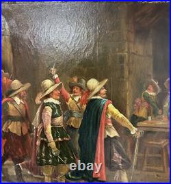 Original Antique Oil Canvas Painting, Scene With Musketeers, 19th Century Original Antique Oil Canvas Painting, Scene With Musketeers, 19th Century