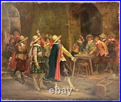 Original Antique Oil Canvas Painting, Scene With Musketeers, 19th Century Original Antique Oil Canvas Painting, Scene With Musketeers, 19th Century