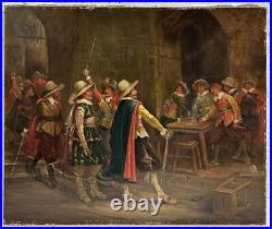 Original Antique Oil Canvas Painting, Scene With Musketeers, 19th Century Original Antique Oil Canvas Painting, Scene With Musketeers, 19th Century