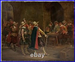 Original Antique Oil Canvas Painting, Scene With Musketeers, 19th Century Original Antique Oil Canvas Painting, Scene With Musketeers, 19th Century