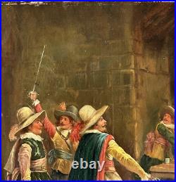 Original Antique Oil Canvas Painting, Scene With Musketeers, 19th Century Original Antique Oil Canvas Painting, Scene With Musketeers, 19th Century