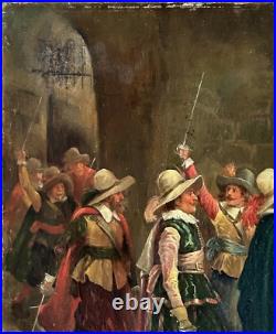 Original Antique Oil Canvas Painting, Scene With Musketeers, 19th Century Original Antique Oil Canvas Painting, Scene With Musketeers, 19th Century