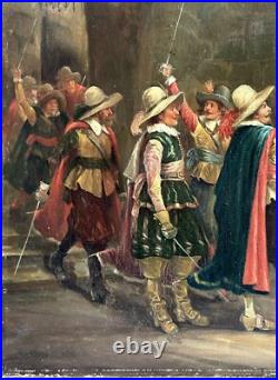 Original Antique Oil Canvas Painting, Scene With Musketeers, 19th Century Original Antique Oil Canvas Painting, Scene With Musketeers, 19th Century
