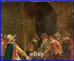 Original Antique Oil Canvas Painting, Scene With Musketeers, 19th Century Original Antique Oil Canvas Painting, Scene With Musketeers, 19th Century