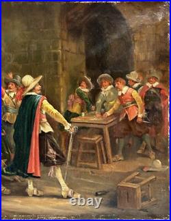Original Antique Oil Canvas Painting, Scene With Musketeers, 19th Century Original Antique Oil Canvas Painting, Scene With Musketeers, 19th Century