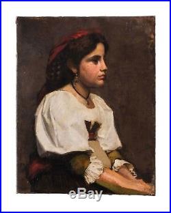 Original Painting 19 century Profil of a Young Girl Oil on Canvas