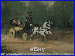 PETITE PEINTURE A L'HUILE SUR TOILE, calèche, chevaux, attelage, XIXème
