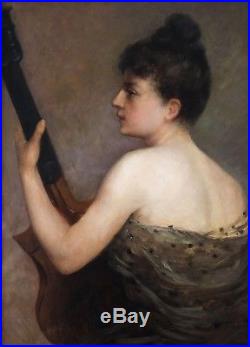 Painting Woman Profil Playing The Violon 19 Century Oil On Canvas