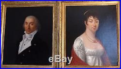 Paire de tableaux Portraits couple Empire 1805 signé Lucille Foulon école Fr