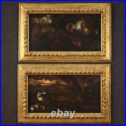 Paire tableaux anciens deux peintures huile toile paysages animaux 17ème siècle