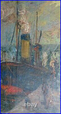 Paul Mascart Ecole De Rouen Impressionniste Marine Cargos Au Port