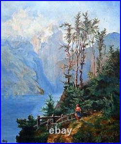 Paysage animé de montagne signé MARY (XIXe/XXe) Alpes Suisse tableau